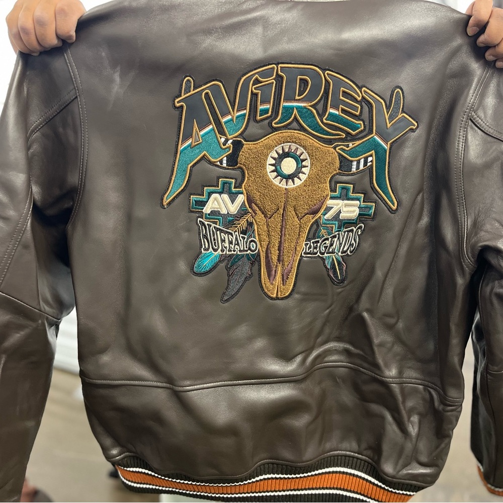 Avirex Brown Leather Bomber Jacket with Embroidered Design NEW NEVER WORN